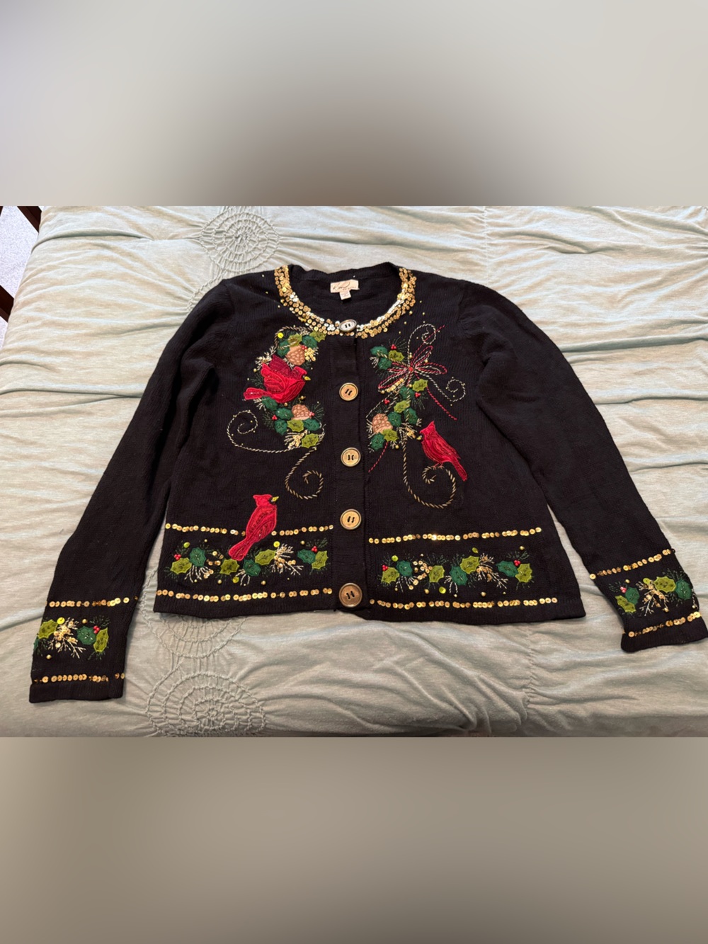 Vintage Kim Rogers Embroidered Christmas Cardinal Cardigan Sweater Size:XL